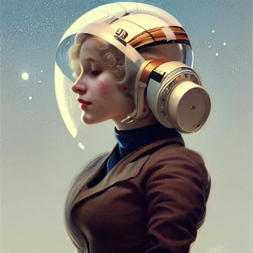 Image similar to A portrait of a blonde girl wearing a vintage sci-fi astronaut helmet, face, intricate, elegant, highly detailed, digital painting, artstation, concept art, smooth, sharp focus, illustration, art by Krenz Cushart and Artem Demura and alphonse mucha