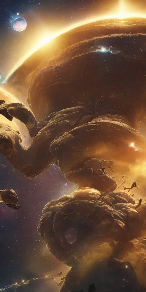 Image similar to planet - sized tiger elephant in space, next to the sun and stars, very wide shot, epic composition, hyper detailed, digital art, trending in artstation, cinematic lighting, studio quality, unreal engine 5 rendered, art style by klimt and nixeu and ian sprigger and wlop and krenz cushart