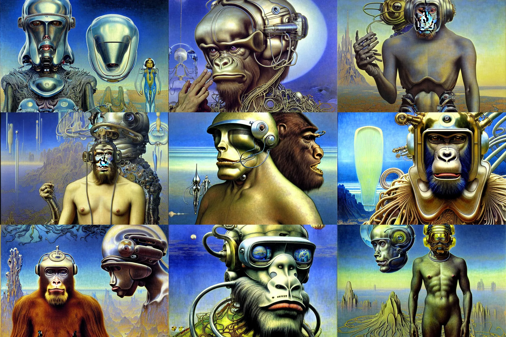 Prompt: realistic extremely detailed portrait painting of a wise ape wearing cyber helmet, futuristic sci-fi landscape with a statue on background by Jean Delville, Amano, Yves Tanguy, Alphonse Mucha, Ernst Haeckel, Edward Robert Hughes, Roger Dean, rich moody colours, silver hair and beard, blue eyes