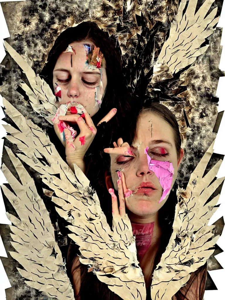 Prompt: a young adult angelgirl soft crying with lots of hands on her face and ratty feathered angel wings, stressed and burnt out, collage effect, collaged, torn paper, torn paper collage, overexposure, overexposed, high exposure