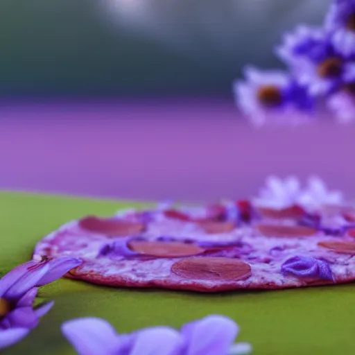 Image similar to A slice of pizza laying on a nice flowery field, realistic, ultra high detail, 8k, close up.