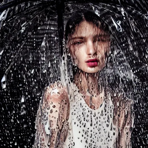 Image similar to close up of face of a wet fashion model in luxury dress, heavy rain, dramatic lighting, official dior editorial, highly detailed