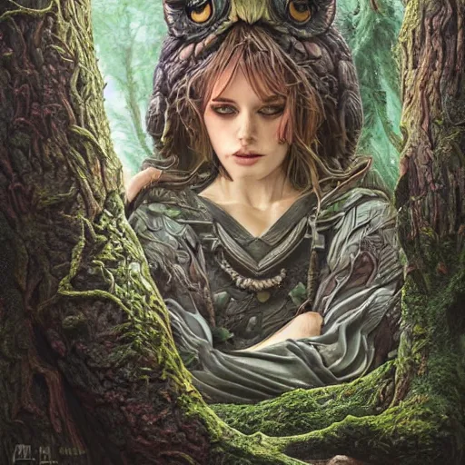 Image similar to high definition ink woodblock fantasy character art, hyper realistic, hyperrealism, elemental guardian of life, forest owl, woody foliage, 8 k dop dof hdr fantasy character art, by aleski briclot and alexander'hollllow'fedosav and laura zalenga