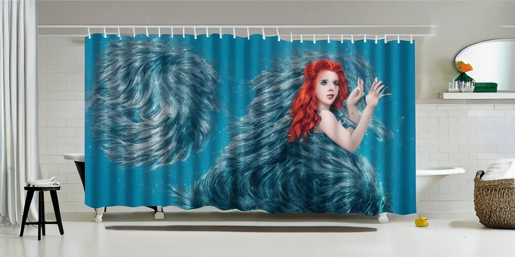 Image similar to a ( ( main coon kitten ) ) little mermaid themed shower curtain, shower curtain product photography. digital art. 4 k, highly detailed. saturated.