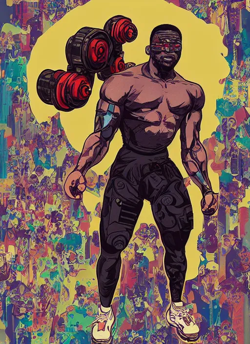 Prompt: chidi igwe. buff cyberpunk weight lifter. robotic arm. portrait illustration, pop art, splash painting, art by geof darrow, ashley wood, alphonse mucha, makoto shinkai ( apex legends )