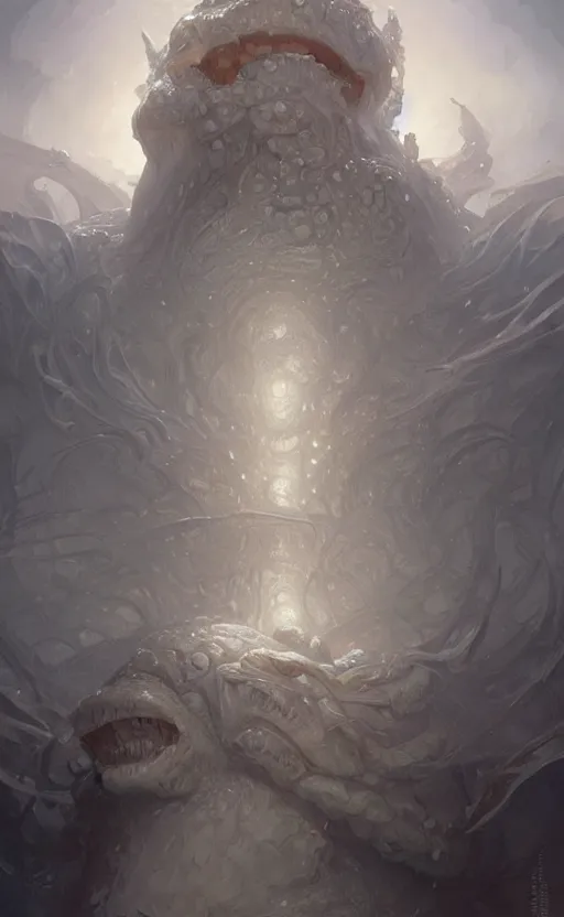 Image similar to portrait of a gigantic white monstrosity, a fat tank monster made of melted white bodies, concept art, deep focus, fantasy, intricate, highly detailed, digital painting, artstation, matte, sharp focus, illustration, art by artgerm and greg rutkowski and alphonse mucha