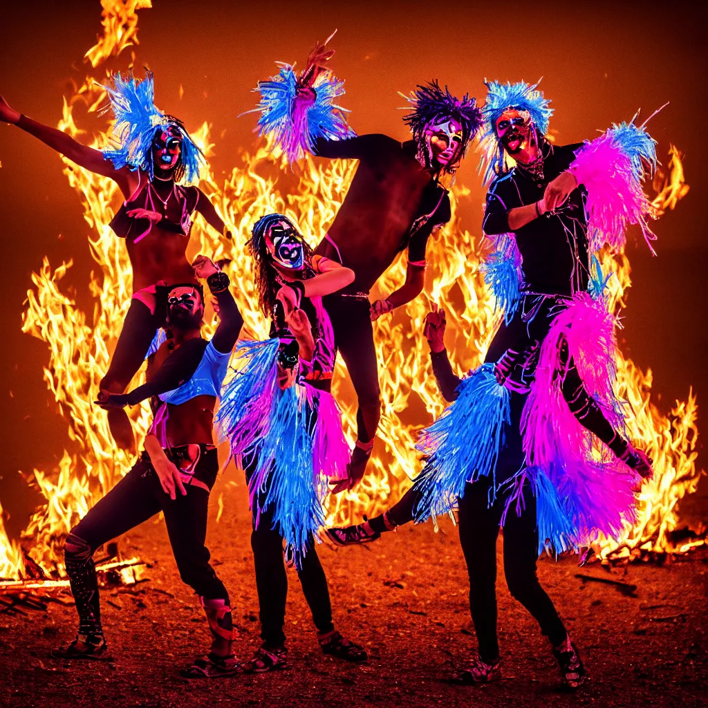 Image similar to portrait of two ravers in friendly costumes with detailed faces, dancing around a fire, photorealistic, dancefloor kismet, diverse costumes, clean composition, desert transition area, bonfire, night, australian desert, zaha hadid, xf iq 4, symmetry, sony a 7 r, 1 5 0 mp, 5 0 mm