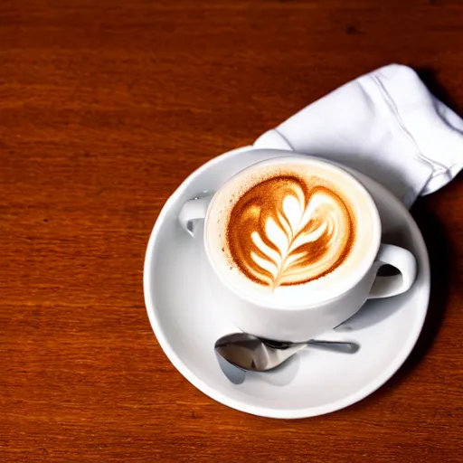 Image similar to photo of a steaming cup of cappuccino on a low table, croissant on a plate, empty hotel lobby, coffee spoon on a napkin, liminal, diffuse light, hdr, dslr