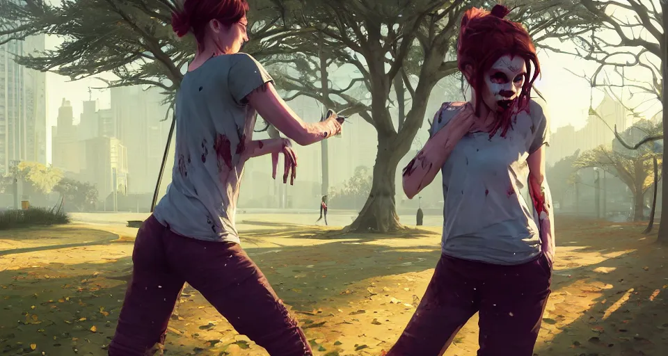 Prompt: highly detailed portrait female jogger horrible zombie in gta v, in a city park, stephen bliss, unreal engine, fantasy art by greg rutkowski, loish, rhads, ferdinand knab, makoto shinkai and lois van baarle, ilya kuvshinov, rossdraws, tom bagshaw, global illumination, detailed and intricate environment