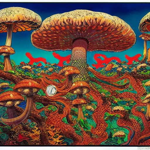 Image similar to a japanese psychedelic love goddess, a sense of awe, offering mushrooms, illustration, slime, amanita - muscaria, insanely detailed and intricate, hypermaximalist, elegant, ornate, hyper realistic, super detailed, by tadanori yokoo