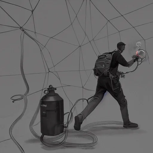 Prompt: a man wearing an oxygen tank connected to gasmask, walking through huge cobwebs, dark, trending on artstation