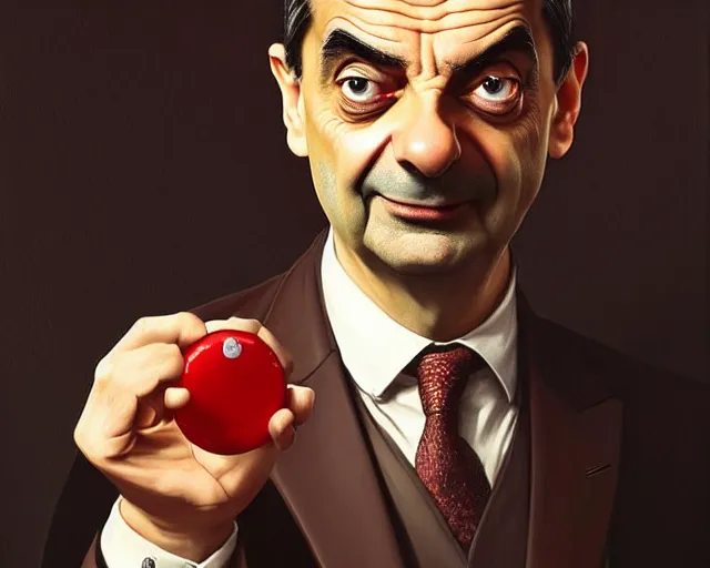 Image similar to mr bean looking very happy, photography of kurzgesagt, deep focus, d & d, fantasy, intricate, elegant, highly detailed, digital painting, artstation, concept art, matte, sharp focus, illustration, hearthstone, art by artgerm and greg rutkowski and alphonse mucha