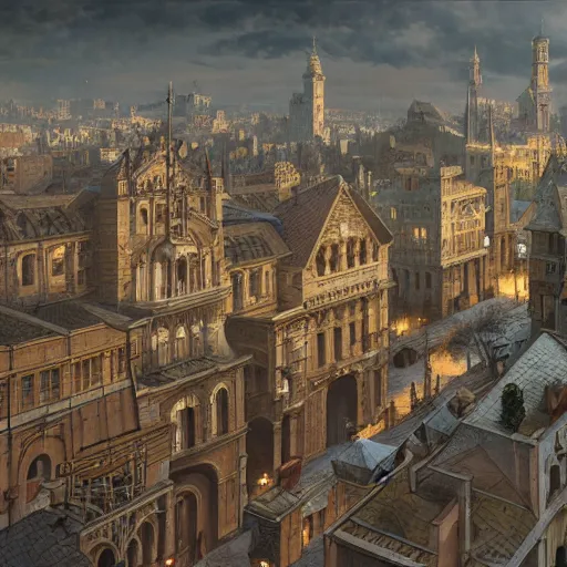 Image similar to an ultra detailed matte painting of the quaint capital city of galic, grid shaped city cobblestone streets, fantasy city, light snowfall, wind, inspiring renaissance architecture, ultrawide lense, aerial photography, unreal engine, exquisite detail, 8 k, art by greg rutkowski and alphonse mucha
