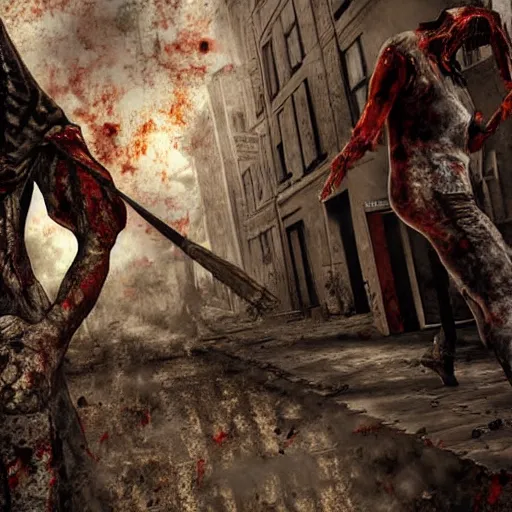 Image similar to pyramid head from silent hill in a street full of zombies, 4k. high detail, high-resolution photograph