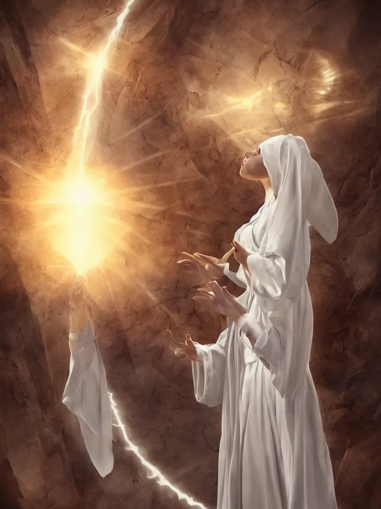 Prompt: Priestess casting a ball of pure light energy, white robes, young, beautiful, highly detailed, high fantasy, matte painting