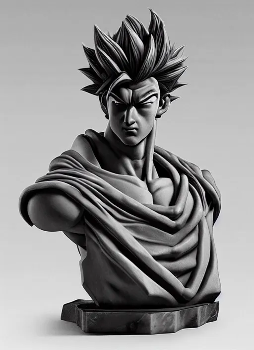 Prompt: an orthographic bust sculpture goku, marble, studio lighting by Wes Anderson