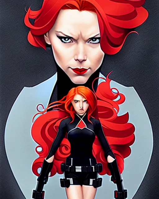 Image similar to phil noto comicbook cover art, black widow marvel, symmetrical eyes, long red hair, full body, city rooftop