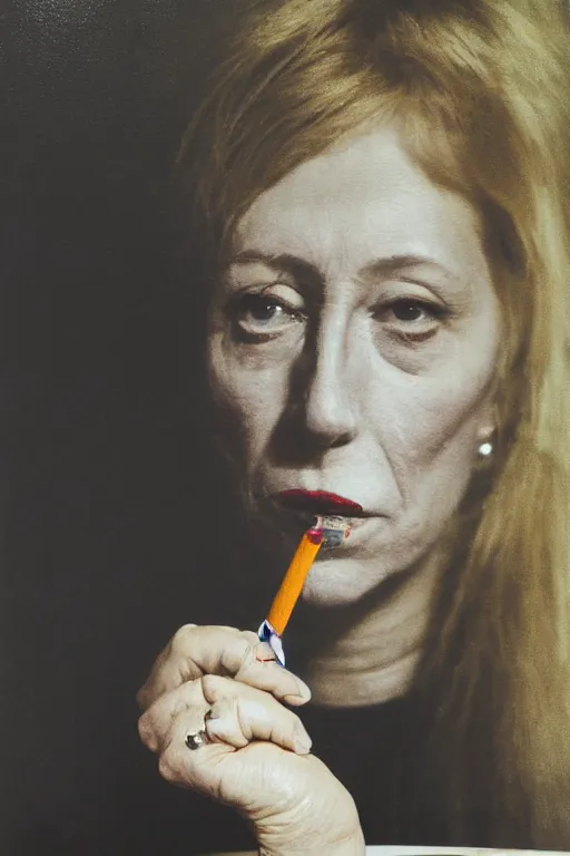 Image similar to overpainted photography portrait of a woman smoking a cigarette at a table by cindy sherman and gerhard richter, dim light, black and white