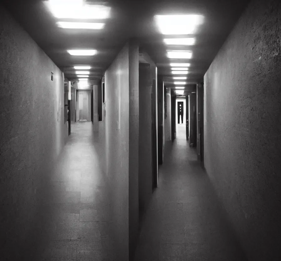 Prompt: spooky photo of a dark infinite hallway with open lit doorways all the way down, dramatic lighting, smoke, ceiling fluorescent lighting, black and red colour palette