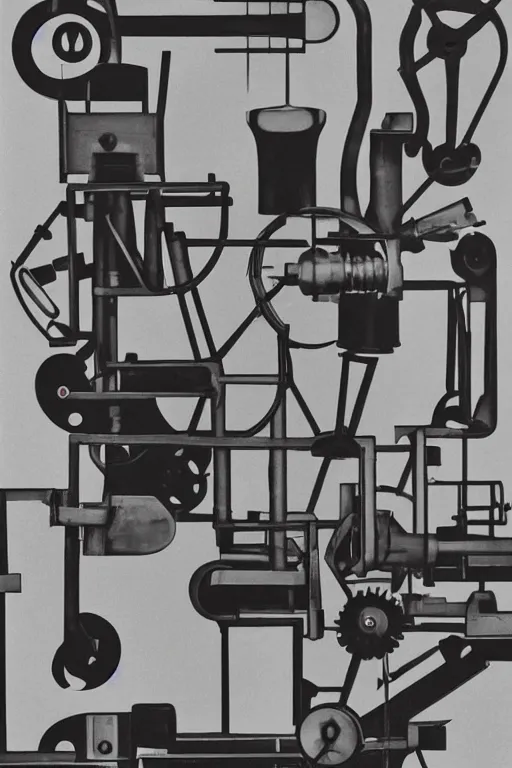 Image similar to a close-up portrait of Marcel Duchamp's industrial chesspiece-building machine in the style of Hito Steyerl and Shinya Tsukamoto and Irving Penn and Robert Frank, minimal contraption