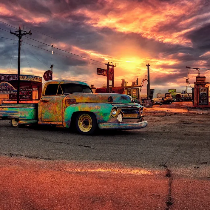 Image similar to a sunset light landscape with historical route 6 6, lots of sparkling details and sun ray ’ s, blinding backlight, smoke, volumetric lighting, colorful, octane, 3 5 mm, abandoned gas station, old rusty pickup - truck, beautiful epic colored reflections, very colorful heavenly, softlight