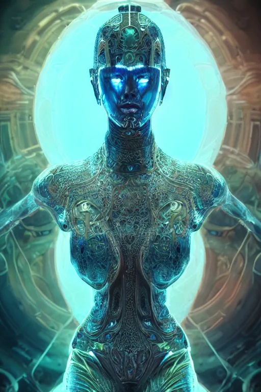 Image similar to a centered render of an ancient futuristic warrior with digital modifications surrounded by a underwater ink pour and flowing liquid gallium and complex sacred geometry, perfect body and face, powerful, cinematic, beautifully lit, by beeple, by artgerm, by karol bak, 3 d, trending on artstation, octane render, 8 k