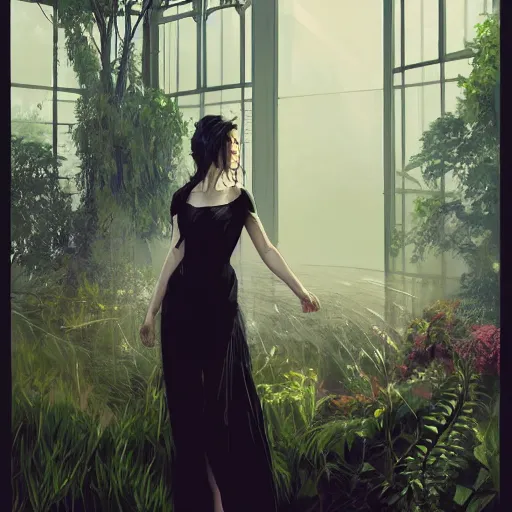 Image similar to portrait of a woman in a black dress standing in an elegant greenhouse garden, dramatic lighting, illustration by greg rutkowski, yoji shinkawa, 4 k, digital art, concept art, trending on artstation