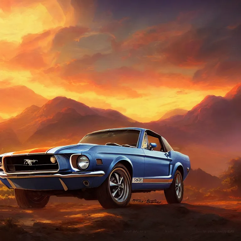 Prompt: long shot view of a 1 9 6 8 mustang driving down a country road, coriolios rpg art style, full of details, warm sunset colors, matte painting, artstation, 8 k, hyperrealistic, style of peter mohrbacher, album cover