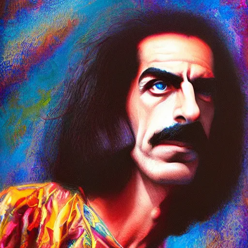 Prompt: minimalism frank zappa ornate background, beautiful fantasy detailed trending on artstation, oil painting, dramatic lighting, eterea, high quality print, fine art with subtle redshift rendering