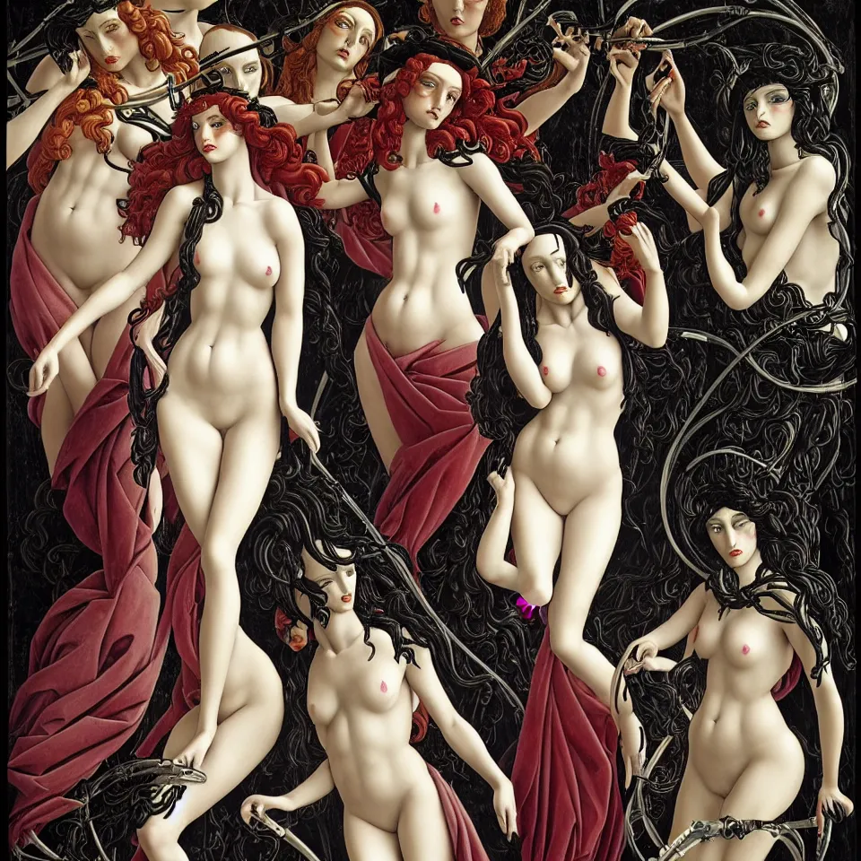 Image similar to 12 figures representing the sins, 3 are Gluttony, 3 are Pride, 3 are Envy, and 3 are Wrath, in a mixed style of Botticelli and Æon Flux, inspired by pre raphaelite paintings, and cyberpunk!!!, stunningly detailed, stunning inking lines, flat colors, 4K photorealistic.