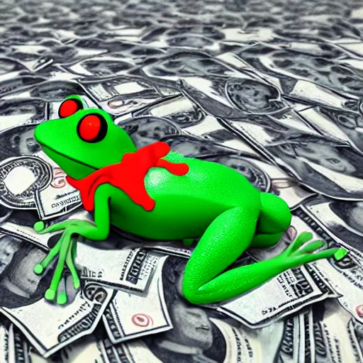 Image similar to A girl in a frog costume is drowning in money real render