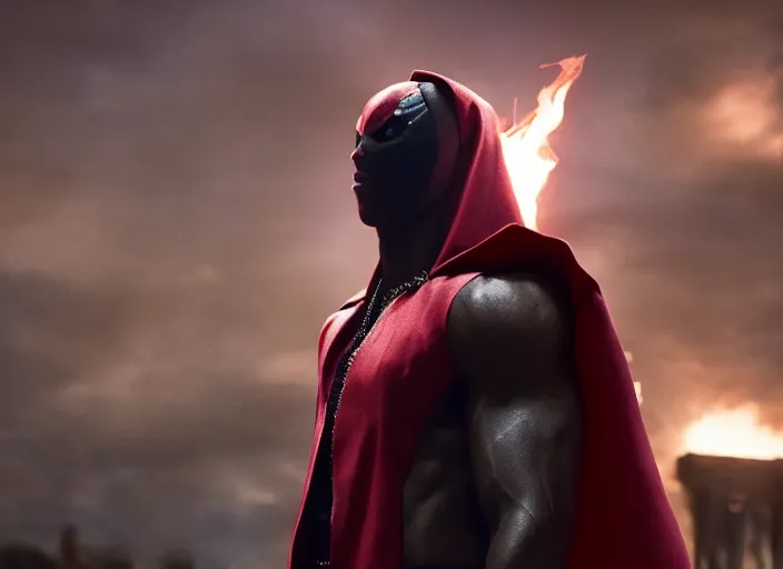Image similar to film still of michael b jordan as spawn in the new spawn movie, giant chains, large cape, 8 k