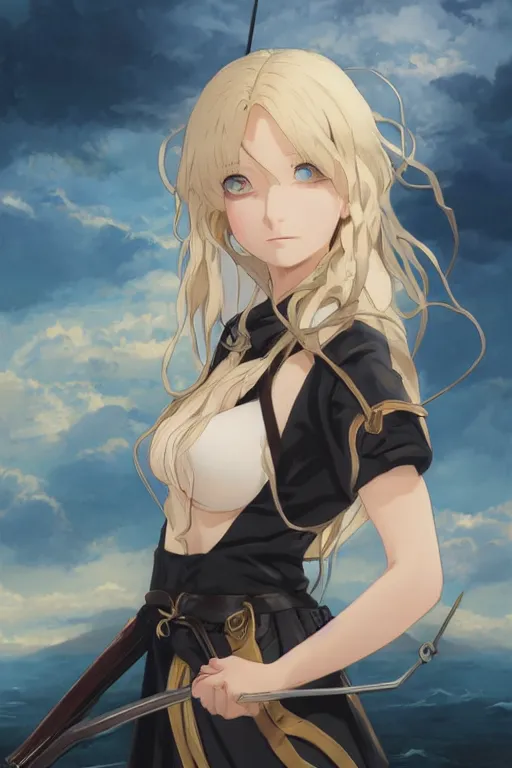 Image similar to baroque oil painting character ln illustration concept art lotr anime key visual, young female nazi maid bikini, long flowing blonde hair blue eyes, symmetrical perfect face fine detail delicate features quiet gaze, full black military uniform, gapmoe kuudere bokeh, trending pixiv fanbox, hell, fire, by greg rutkowski makoto shinkai takashi takeuchi studio ghibli