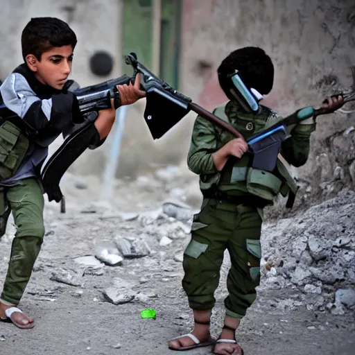 Prompt: kids in gaza strip fighting using digimons