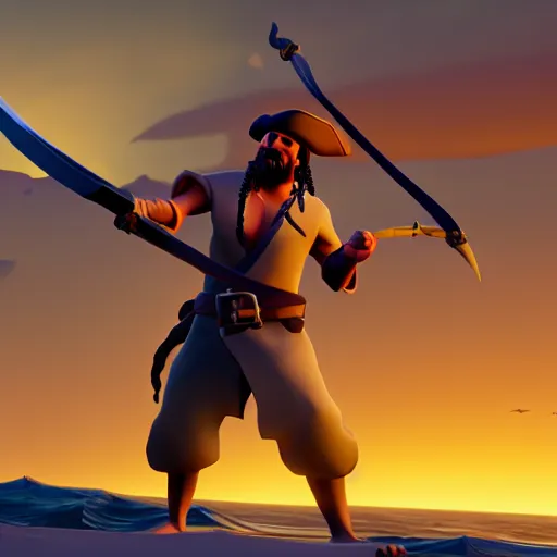 Image similar to a pirate sharpening his sword in sea of thieves, 8 k