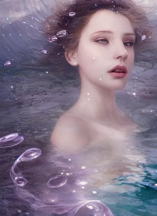 Image similar to hyper realist matte digital painting of a beautiful woman, beautiful face, underwater photography, full body, jugendstill, floating in water, flowing gown, bubbles rising, seaweed, headspace, fairytale, fantasy art, photo realistic, dynamic lighting, artstation, volumetric lighting, by mucha, by charlie bowater, by karol bak, by alma tadema