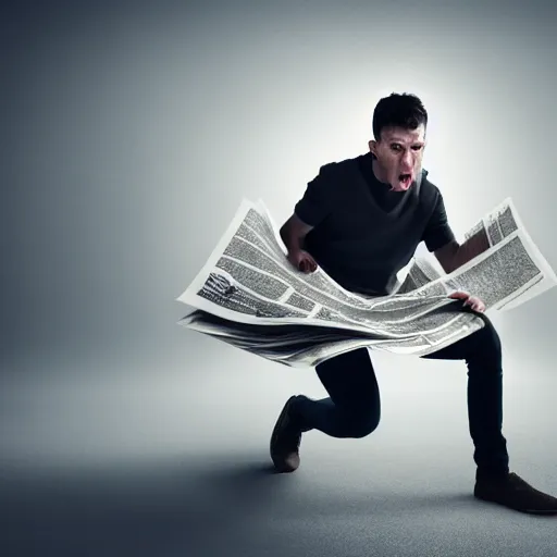 Image similar to professional photographic image of young angry man ripping newspapers, studio shot, dynamic lighting, high definition, highly detailed, photo-realistic, unreal engine render, 16k