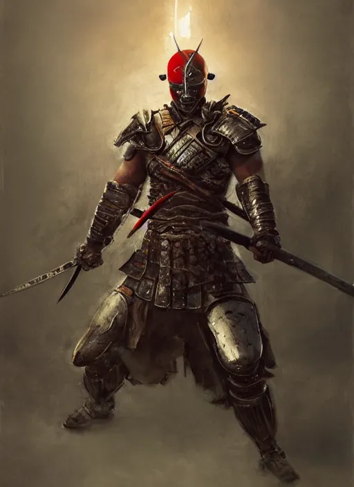 Image similar to A full portrait oil painting of a helmeted and masked Samurai holding a katana above his head an running into battle, japanese god of war armor, by Frank Frazetta, Greg Rutkowski, Boris Vallejo, epic fantasy character art, Exquisite detail, post-processing, low angle, masterpiece, cinematic, lightning