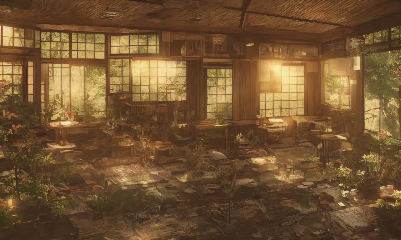 Prompt: interior view of a magical Japanese herbalist cottage, Journal with pens, waxy candles, books, flowers, wood furnishings, light bloom, dust, ambient occlusion, rays of light coming through windows, trending on artstation