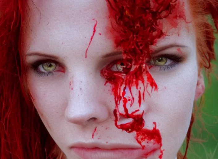 Image similar to award winning 3 5 mm close up face portrait photo of a redhead with blood - red wavy hair and intricate dragon eyes in a park by luis royo