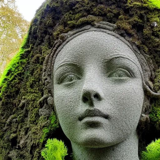 Prompt: a sculpture of a beautiful woman's head as an intricate, delicate tracery of stone, forming a beautiful ancient monument, slowly being covered by moss and lichen