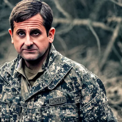 Image similar to steve carrel wearing military outfit and camouflage cinematic photoshoot high quality highly affordable photo realistic 8 k hd