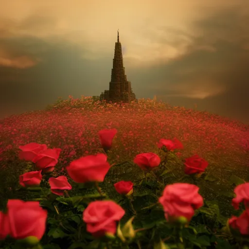 Image similar to photo of a dark tower in the center of a field of roses. golden hour. photorealism. octane render. 4 k trends on artstation. canon mark 3