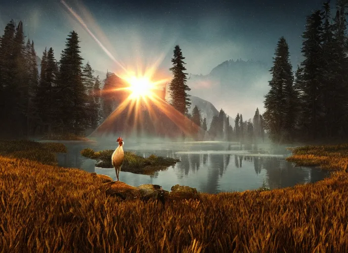 Prompt: epic crystalline forest with a lake, rooster, golden hour, misty ground, rocky ground, distant mountains, atmospheric perspective, altostratus clouds, planets, cinematic, 3 5 mm lens, anamorphic lens flare, photographic, octane render, cinematography by roger deakins, in the style of ansel adams