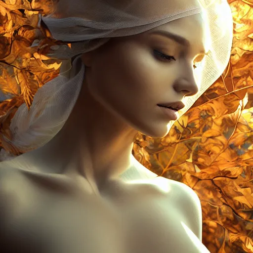 Image similar to a highly detailed digital image of a futuristic woman elegantly wrapped with leaves, by Andrea Chiampo, artstation and Frederik Heyman, extremely detailed woman, stunning volumetric lighting, hyper realism, fantasy 4k