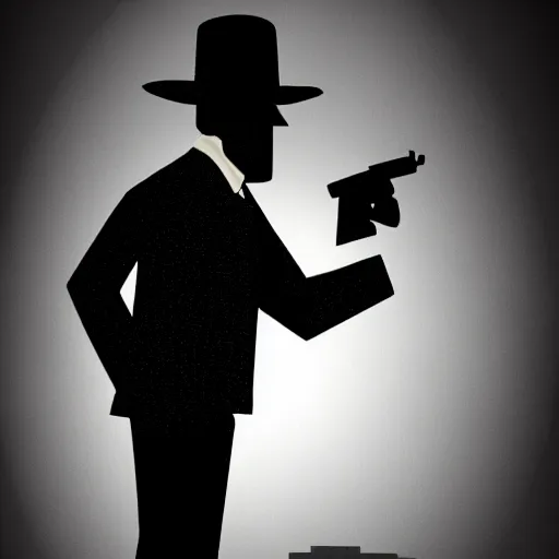 Image similar to character of a man in black suit and black hat, he has a pistol, dark colours style, 4 k, highly detailed, digital art, strong shadows, high contrast, epic scene, atmospheric, cold colours