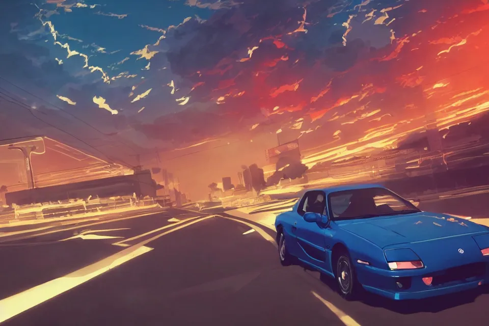 Image similar to aesthetic illustration of ryosuke takahashi with black hair wearing a dark blue shirt standing near white mazda rx 7 on an empty highway at dusk, cinematic lighting, detailed anime face, high detail, 9 0 s anime aesthetic, volumetric lights, unreal engine 5 render, pinterest wallpaper, trending on artstation