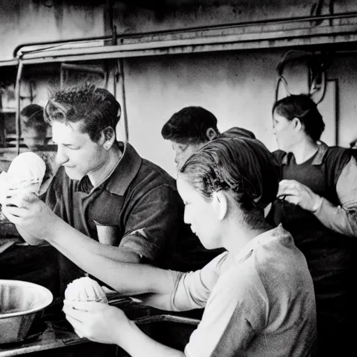 Image similar to factory workers enjoying an ice cream during work, dark, factory, grey tone, old photo grain