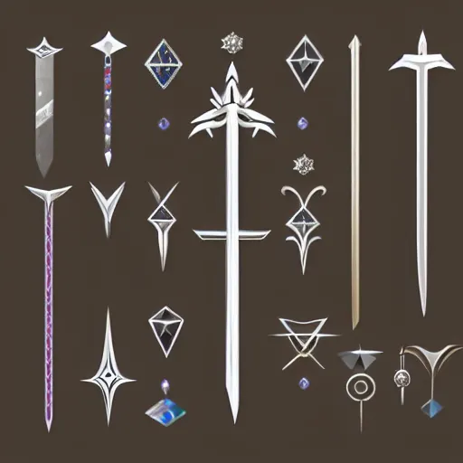 Image similar to Magical swords containing runes, diamonds and ethereal elements, stylized, clean