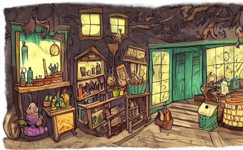 Prompt: witch's shop, storybook, gouache, flat, concept art, lush